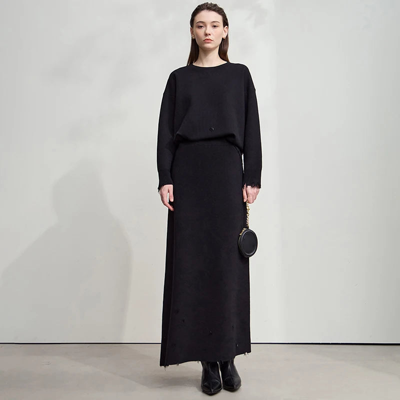 Damen-Pullover, einfarbig schwarz, gerader Schnitt, runder Halsausschnitt, lange Ärmel