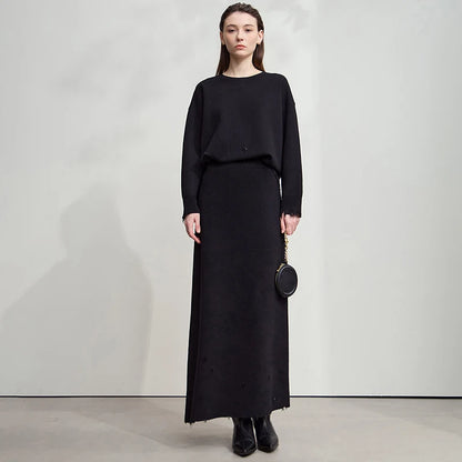 Damen-Pullover, einfarbig schwarz, gerader Schnitt, runder Halsausschnitt, lange Ärmel