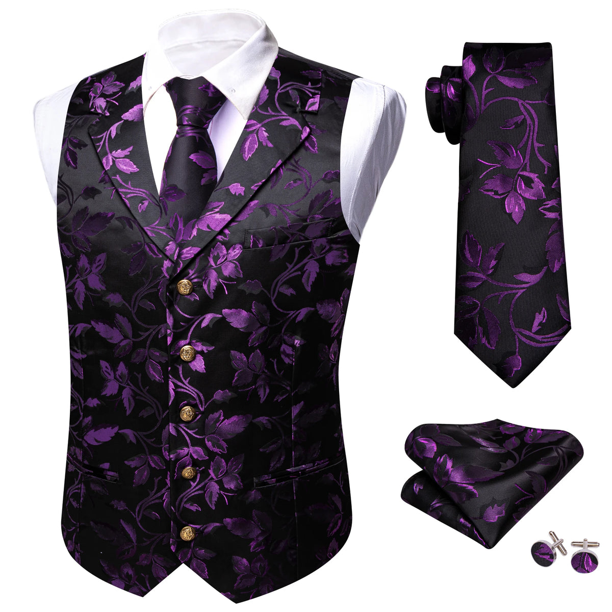 Herrenweste mit Jacquard-Blumenmuster in Schwarz und Lila, dazu Krawatte und Einstecktuch