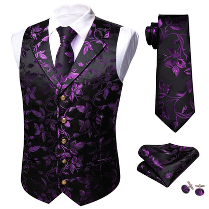 Herrenweste mit Jacquard-Blumenmuster in Schwarz und Lila, dazu Krawatte und Einstecktuch