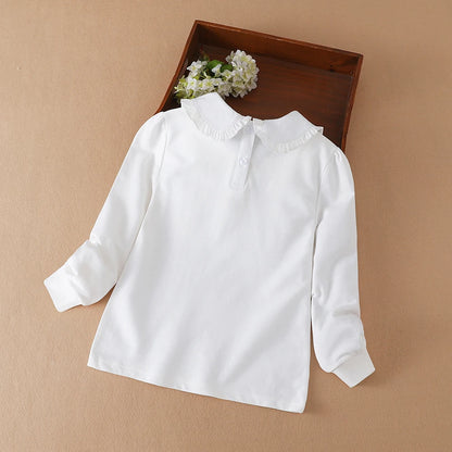 Mädchen bestickter Puppen kragen dünnes Basic-T-Shirt für Frühling und Herbst Kinder Polo Baumwolle Kleidung