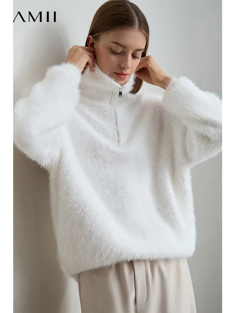 Damen-Rollkragenpullover Nerz-Imitat Reißverschluss locker dick Winter