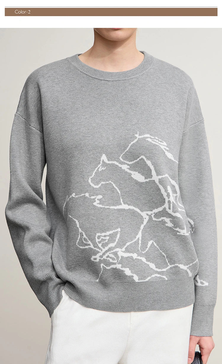 Damen-Rundhalspullover Tier-Jacquard locker Langarm Winter