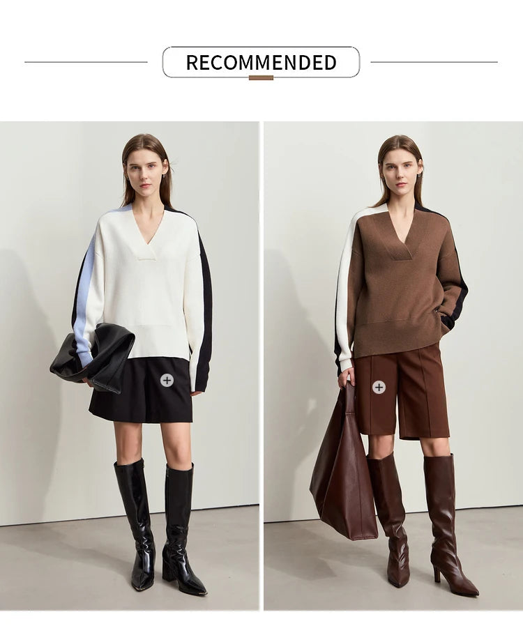 Damenpullover in Weiß und Braun mit V-Ausschnitt, Modelle im Ganzkörperblick
