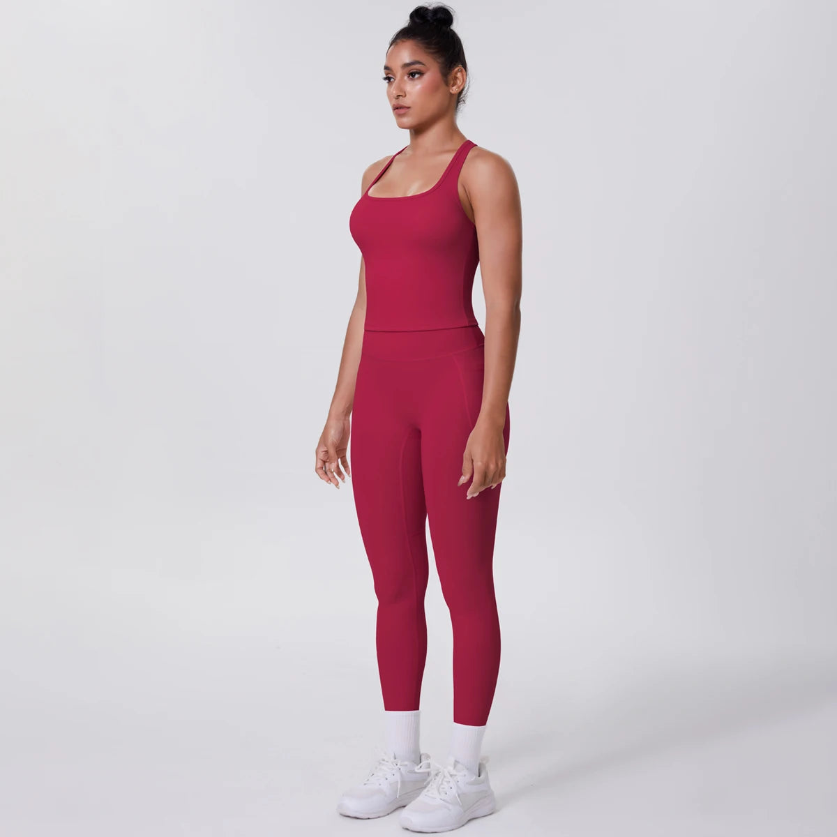 Roter Damen Yoga-Overall mit Racerback, knöchellangen Leggings und Passform