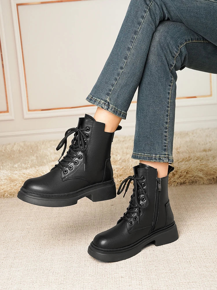Damen Stiefeletten aus echtem Leder im Retro-Stil mit quadratischem Absatz