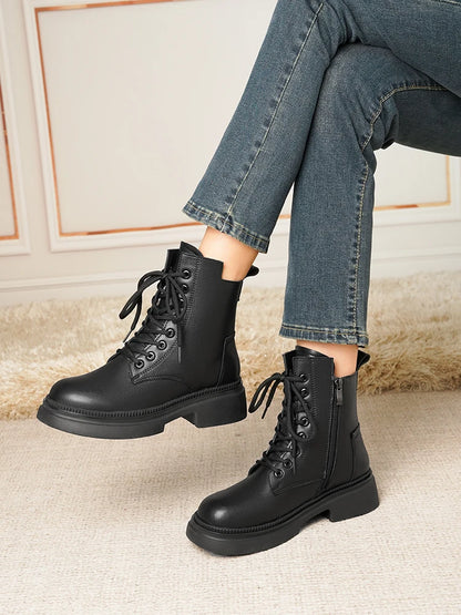 Damen Stiefeletten aus echtem Leder im Retro-Stil mit quadratischem Absatz