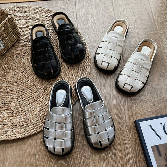 Damen-Hausschuhe mit geschlossenen Zehen, 2025, neue gewebte Plateau-Slip-on-Halbhausschuhe für Damen, Sommer, große weibliche Pantoletten