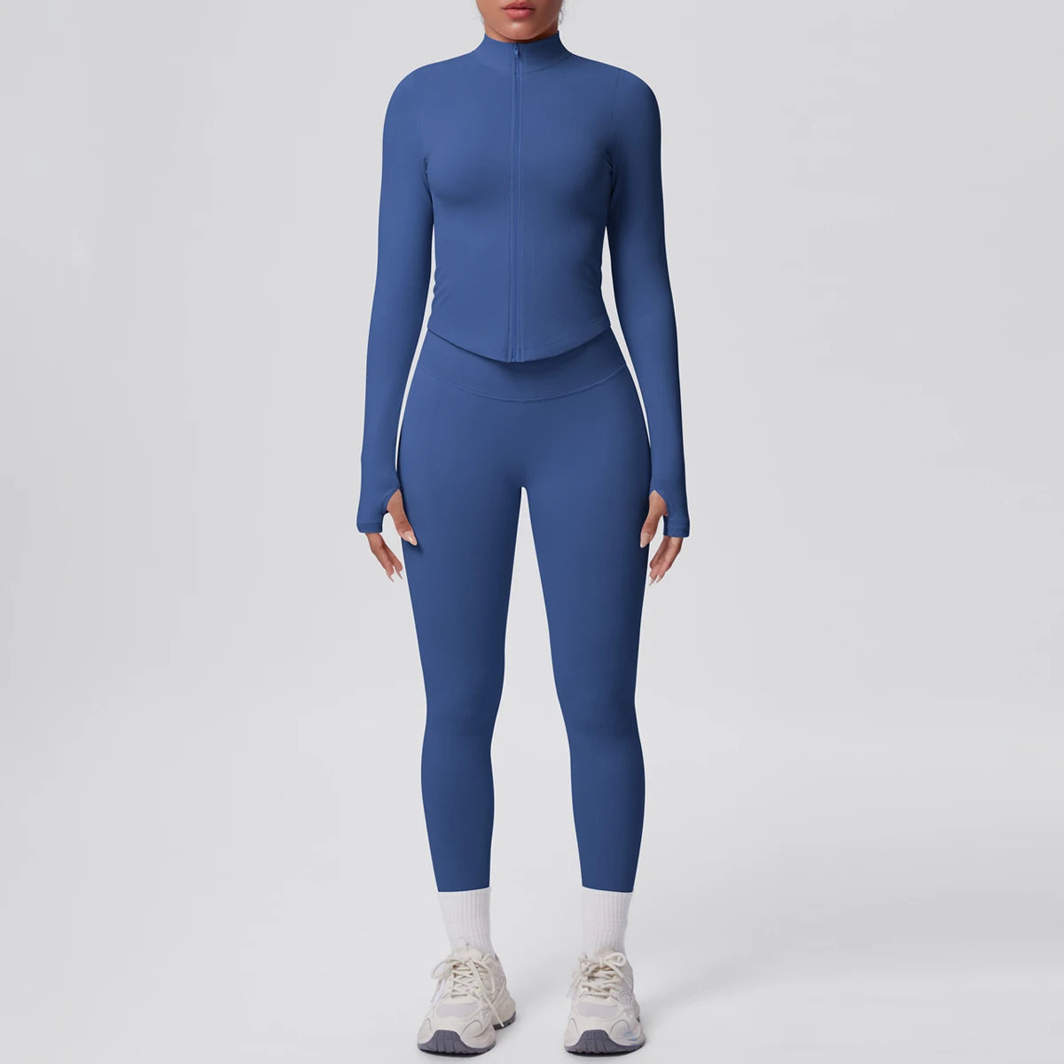 Blaues Yoga-Set mit Reißverschluss-Longsleeve und Leggings, hohe Taille