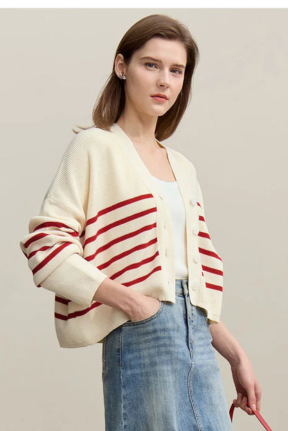 Damen-Strickjacke Baumwolle V-Ausschnitt Kontraststreifen kurz Raglan Frühling