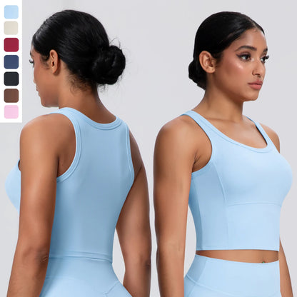 Himmelblaues nahtloses Sporttop mit breitem Rundhalsausschnitt und eingearbeiteten Polstern