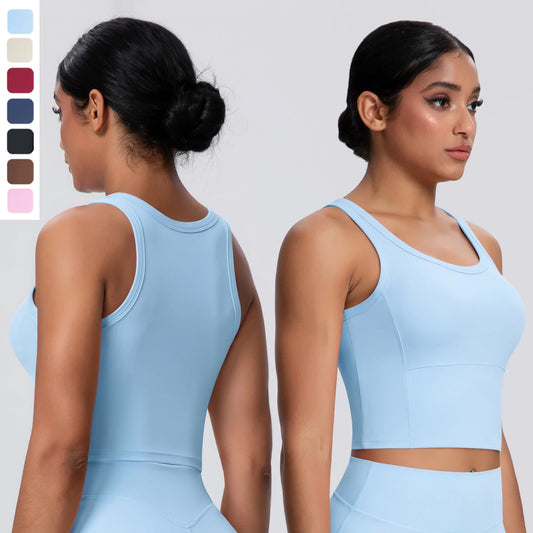 Himmelblaues nahtloses Sporttop mit breitem Rundhalsausschnitt und eingearbeiteten Polstern