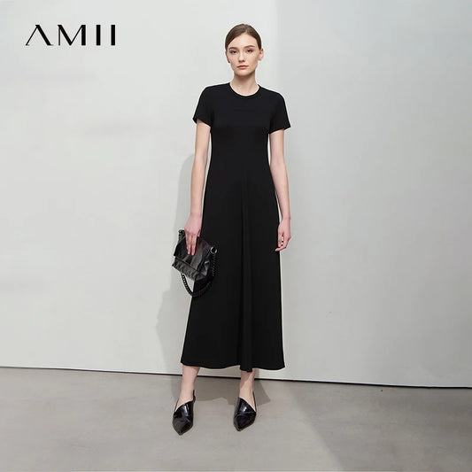 Damen-Sommerkleid mit O-Ausschnitt, kurzarm, schwarzes Midi, bequem fallend