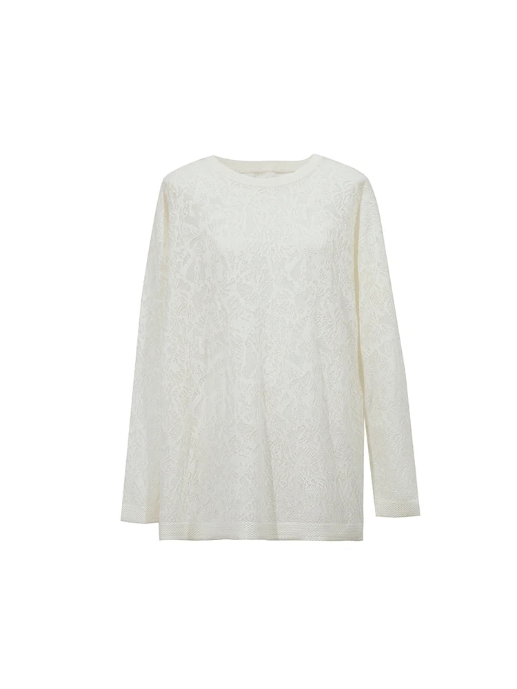 Damen-Rundhalspullover Jacquard Raglan locker lang Lyocell Frühling