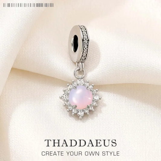 Rosa Anhänger mit rundem Cabochon und Glitzerfassung aus 925 Sterlingsilber