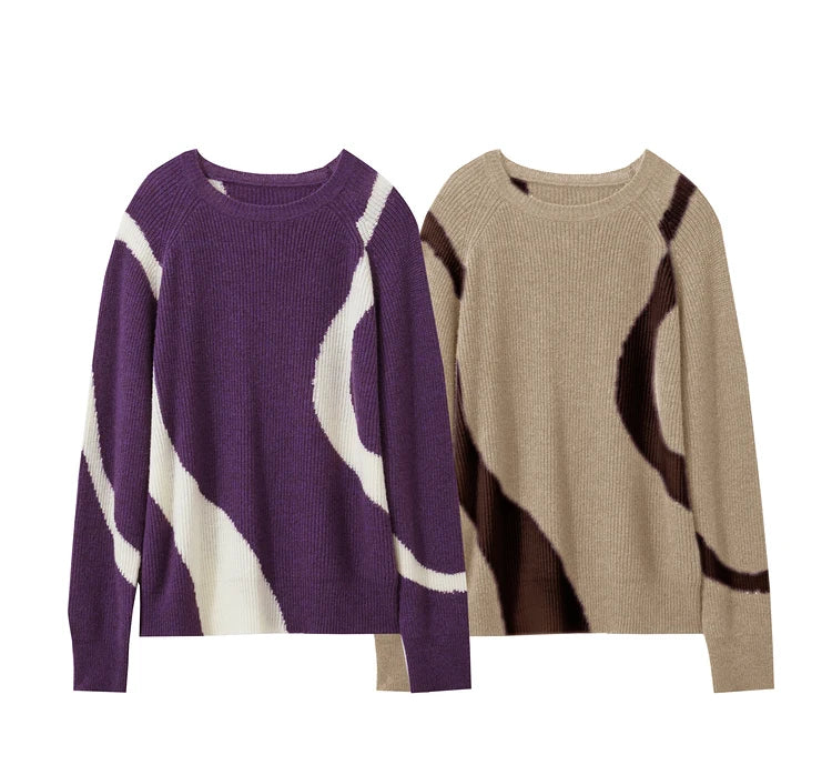 Damen-Rundhalspullover Wolle Yak asymmetrisch Patchwork locker Winter