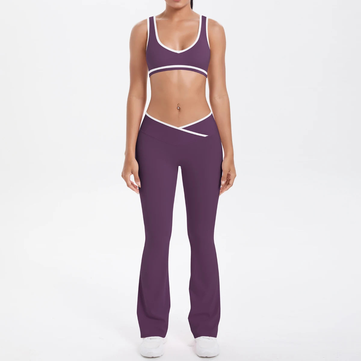 Yoga-Set mit Sport-BH und Leggings, hoher Bund, lila mit hellen Kontrastborten
