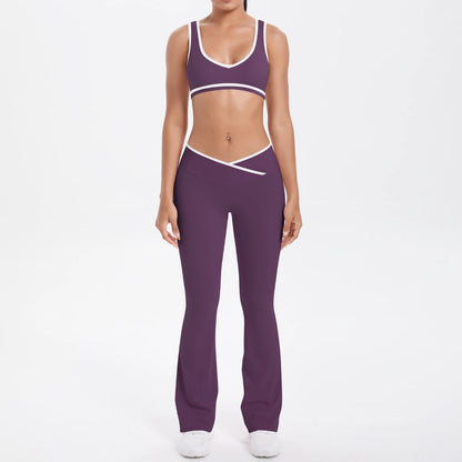 Yoga-Set mit Sport-BH und Leggings, hoher Bund, lila mit hellen Kontrastborten
