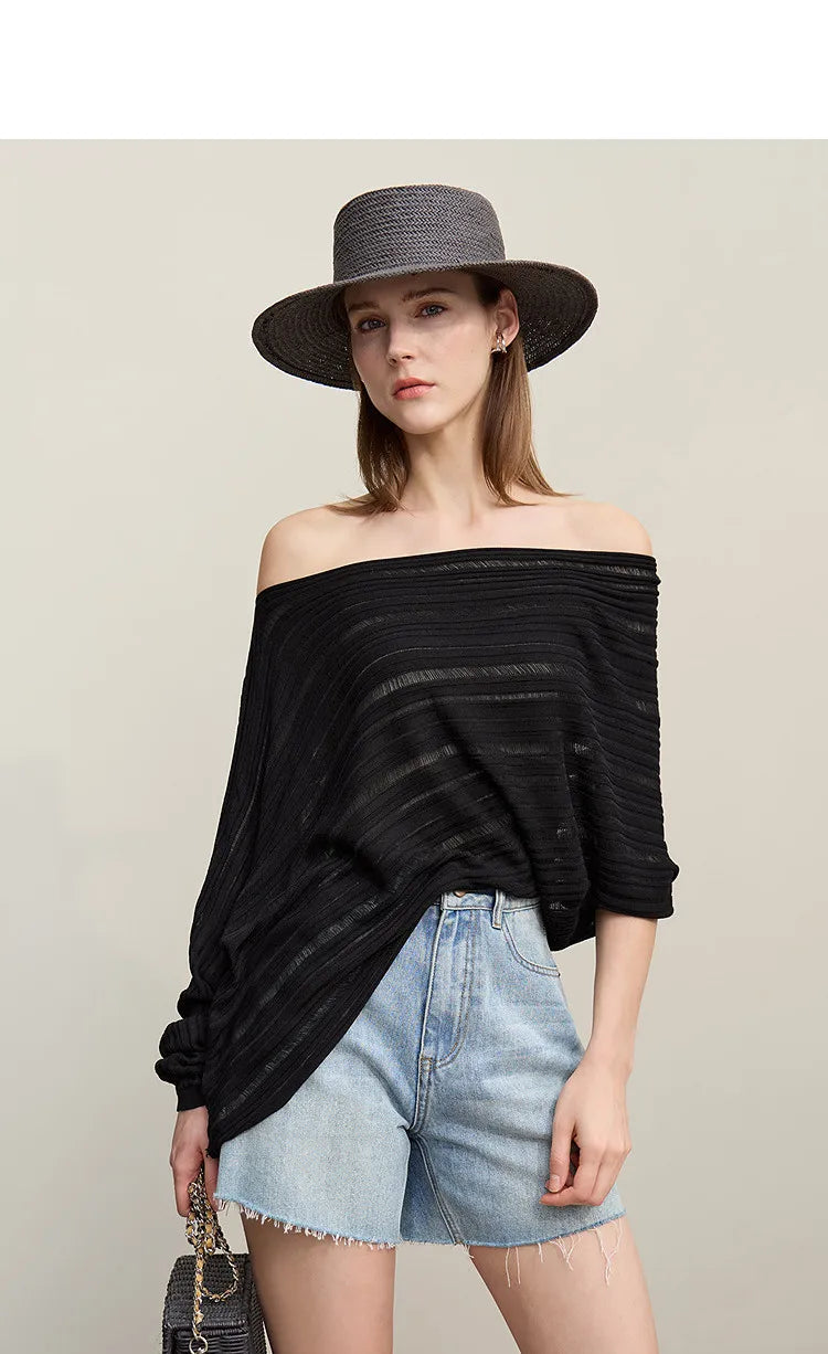 Schwarzer, asymmetrischer Schulterfreier Strickpullover mit langen Ärmeln