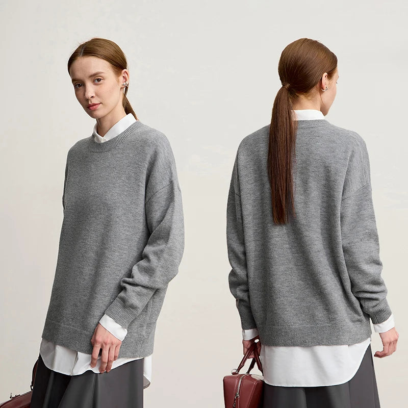 AMII minimalistischer Strickpullover für Damen, graublau, Rundhalsausschnitt, Rückansicht