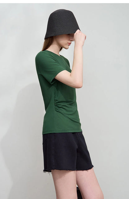 Damen Sommer-T-Shirt im minimalistischen Stil mit schmalem O-Ausschnitt und kurzen Ärmeln