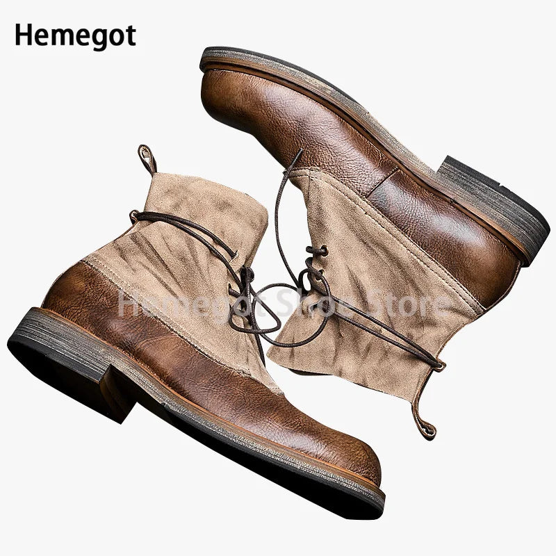 Herren-Schnürstiefel aus Leder, Vintage-Look, braun, runde Spitze, hoher Schaft, robuste Sohle