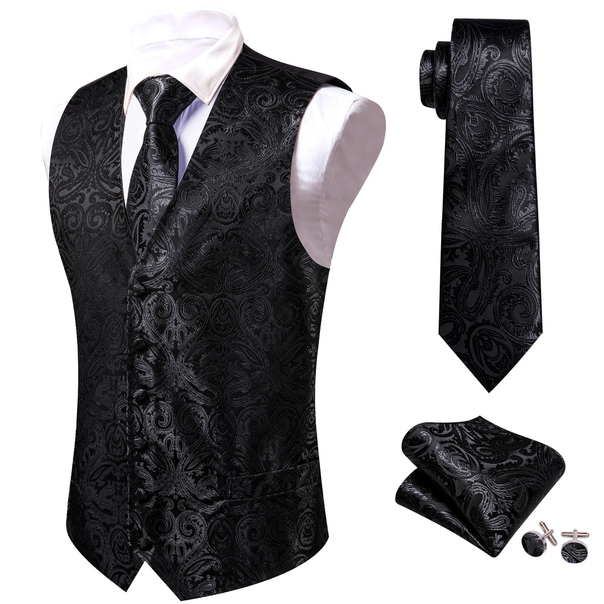 Schwarzes Herren-Weste-Set mit Paisley-Muster, Krawatte, Einstecktuch und Manschettenknöpfen