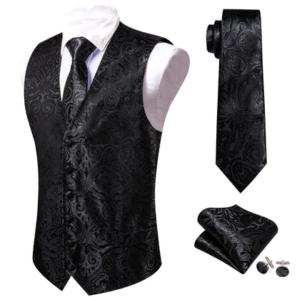 Schwarzes Herren-Weste-Set mit Paisley-Muster, Krawatte, Einstecktuch und Manschettenknöpfen