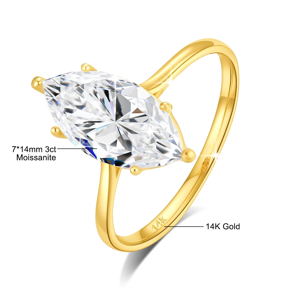 Damen-Verlobungsring aus Moissanit in 14K Gold, Marquise-Schliff, 3 Karat, Zertifikat