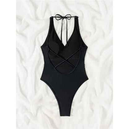 Damen Badeanzug Pailletten V-Ausschnitt rückenfrei Monokini High-Cut glänzend