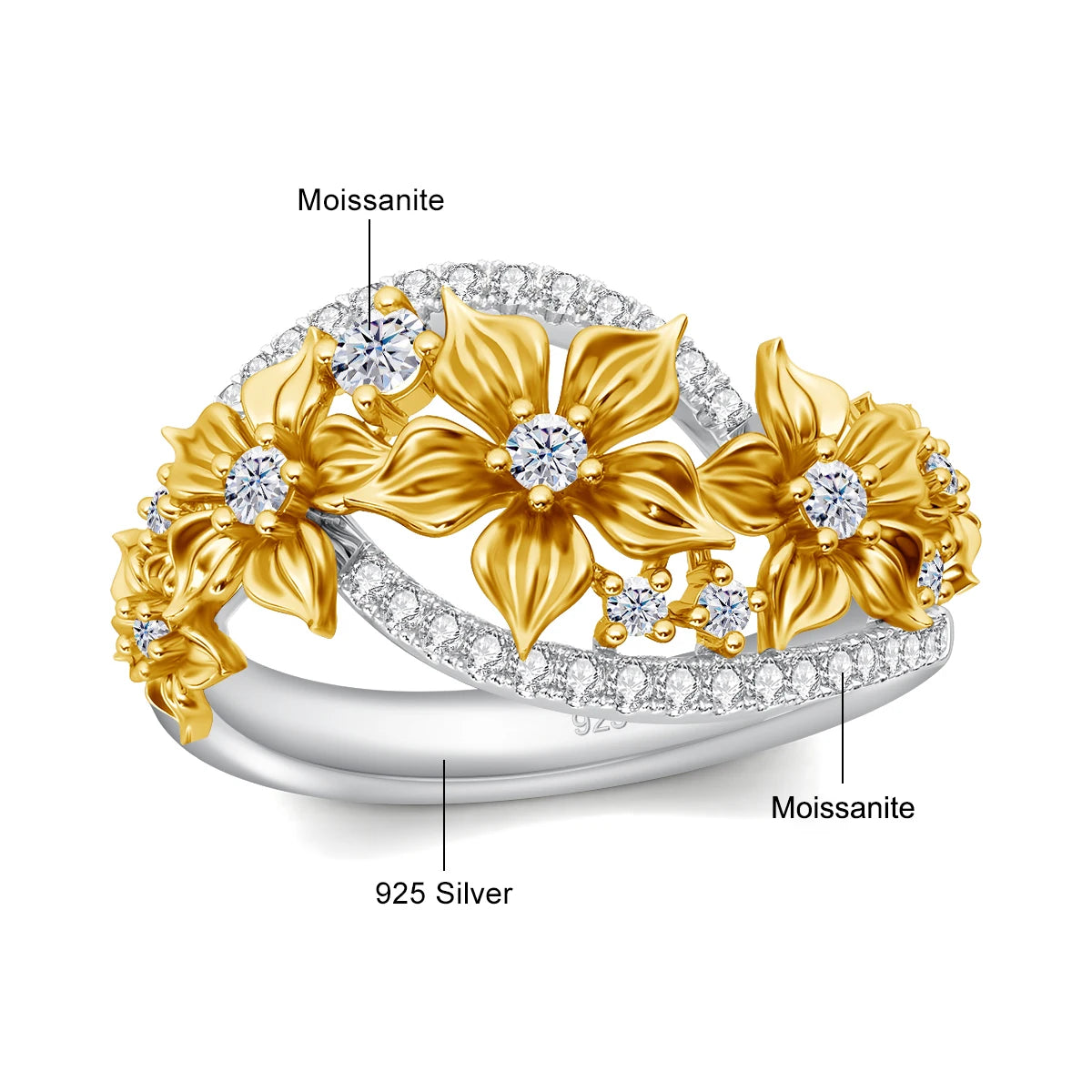 Damen-Ring Blüten-Moissanit Mit Zertifikat Und Goldplattierung Auf 925er Silber Für Verlobung Und Alltag