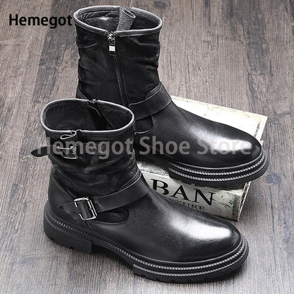 Chelsea-Boots für Herren, schwarz, Schnallenriemen und seitlicher Reißverschluss