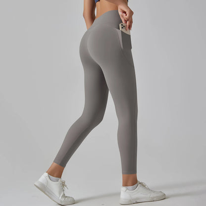 Graue High-Waist-Leggings mit Taschen, eng anliegend