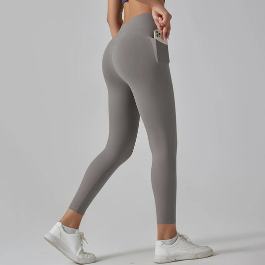 Graue High-Waist-Leggings mit Taschen, eng anliegend
