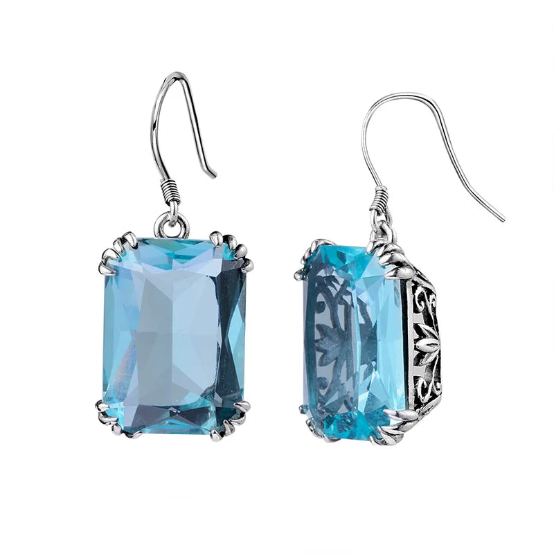 Damen-Ohrringe aus Sterlingsilber 925 mit quadratischem Aquamarin-Anhänger handgefertigtes Vintage-Design