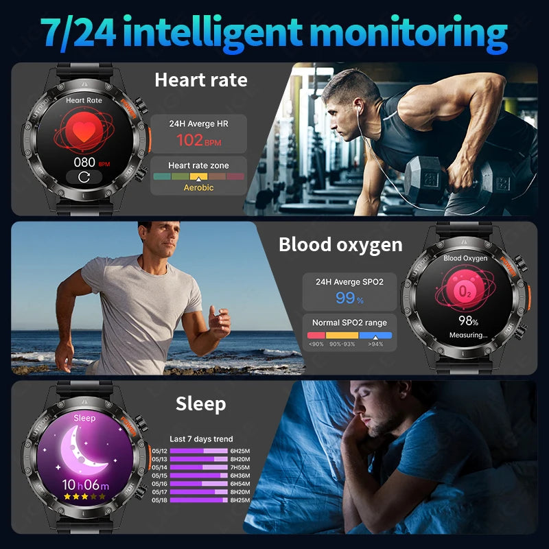 LIGE Neue 1,46 "Outdoor LED Taschenlampe Smart Uhr Männer Bluetooth Anruf Sport Fitness Herz Rate Smartwatch Für Android IOS telefon