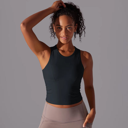 Ärmelloses Yoga-Sporttop in Dunkelblau mit Rundhalsausschnitt und tailliertem Sitz