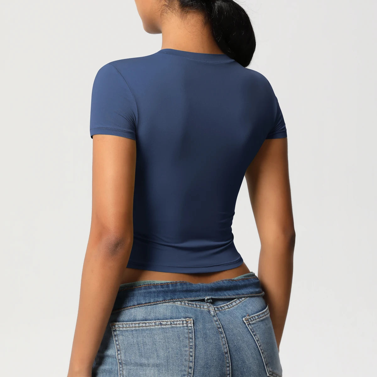 Damen Sport-T-Shirt, blau, eng anliegend, Kurzarm, Rückansicht, Rundhalsausschnitt