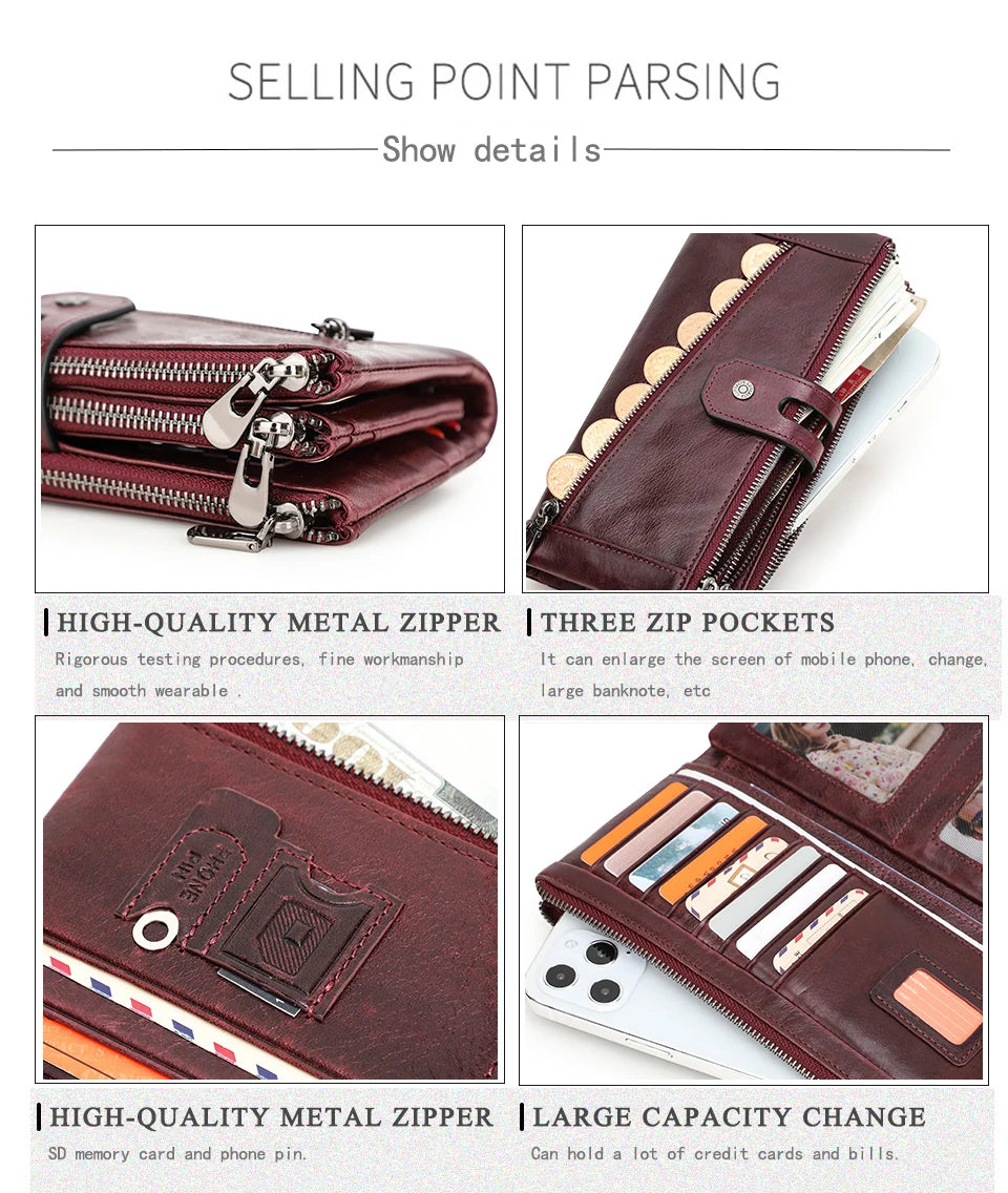 Damen Echtleder Lange Geldbörse Vintage Clutch Reißverschluss Handytasche Kartenhalter