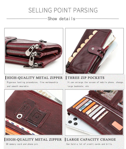 Damen Echtleder Lange Geldbörse Vintage Clutch Reißverschluss Handytasche Kartenhalter