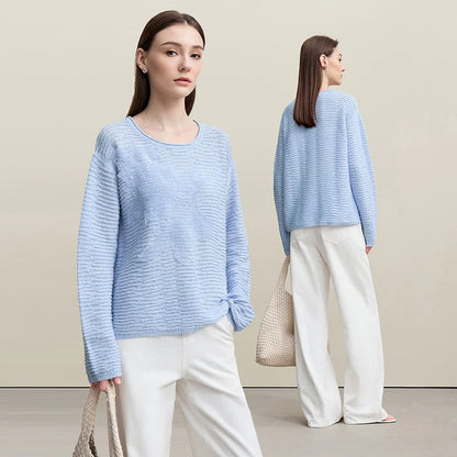 Amii Strickpullover in Hellblau mit Rundhalsausschnitt, überschnittenen Schultern und Spitzenapplikation