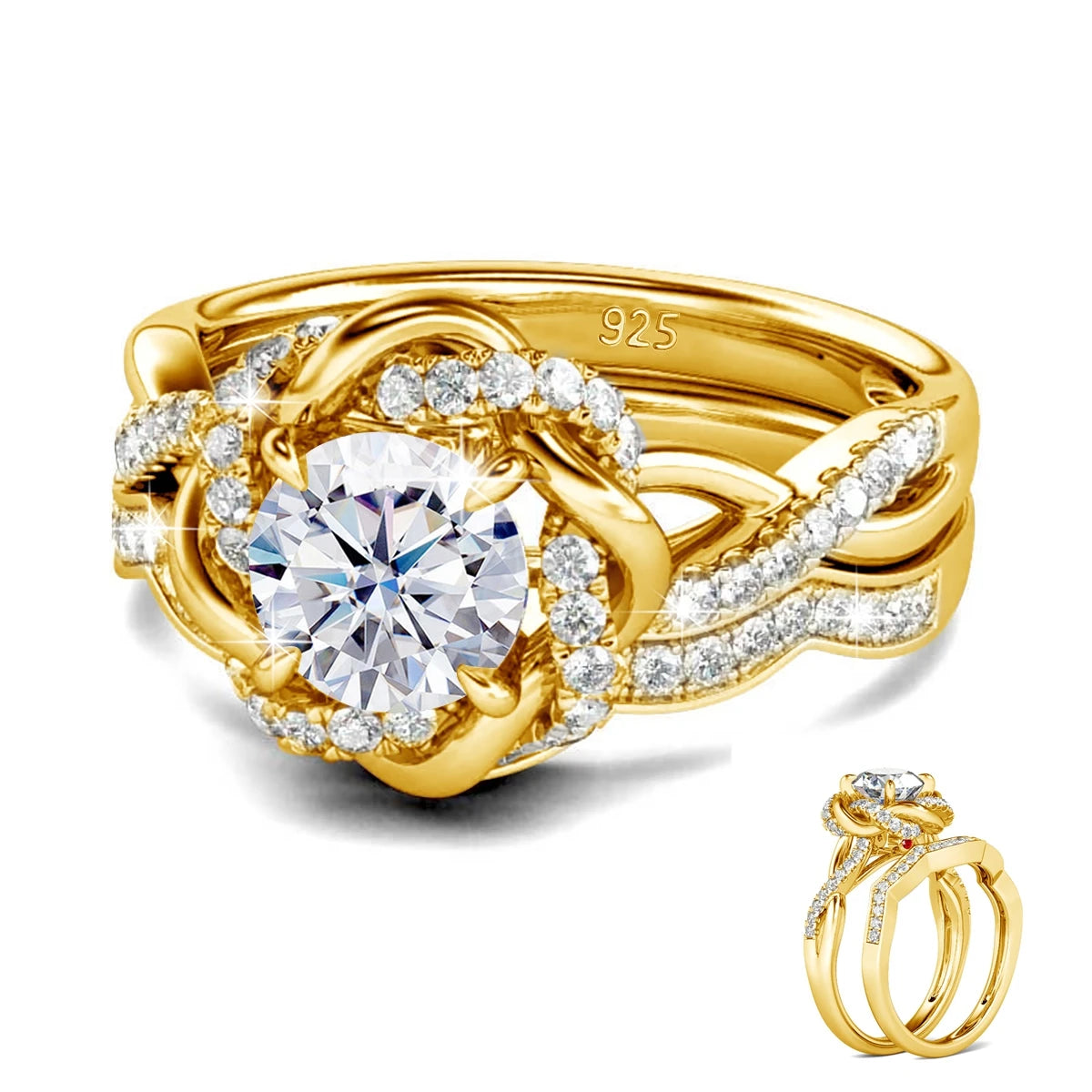 Damen-Ringe-Set aus 925 Sterling Silber mit Moissanit Steinchen und Blüten-Design für Verlobung und Hochzeit