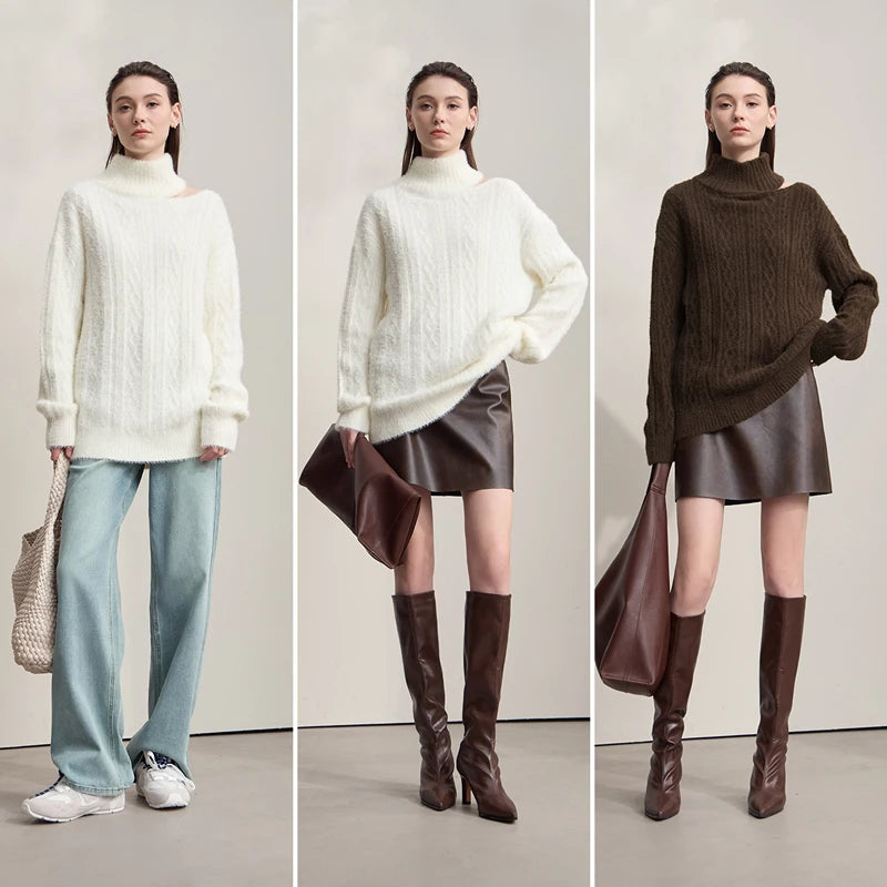 Damen-Rollkragenpullover Hohlstrick Viskose locker lang Raglan Herbst