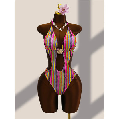 Damen Badeanzug gestreift bunt Neckholder Cut-Out hoher Beinausschnitt Monokini