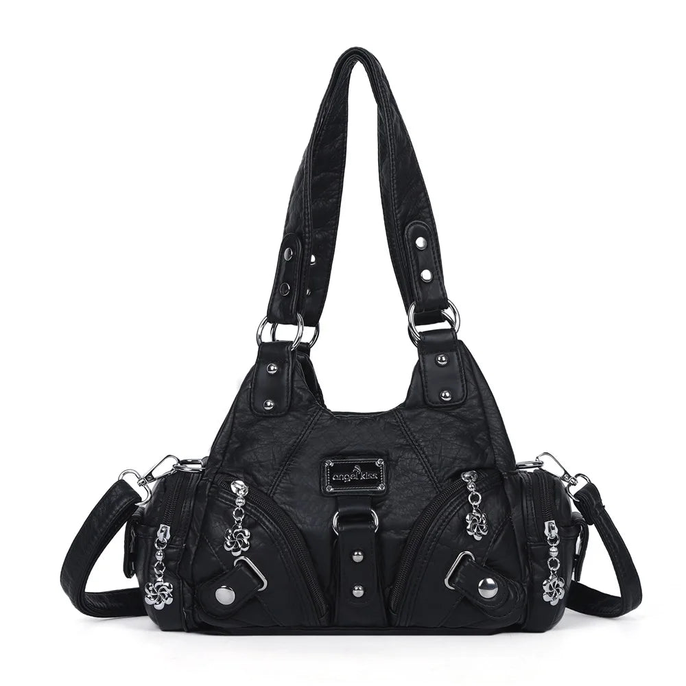 Damen-Schultertasche schwarz mit Frontfach, seitlichen Taschen und Schulterriemen