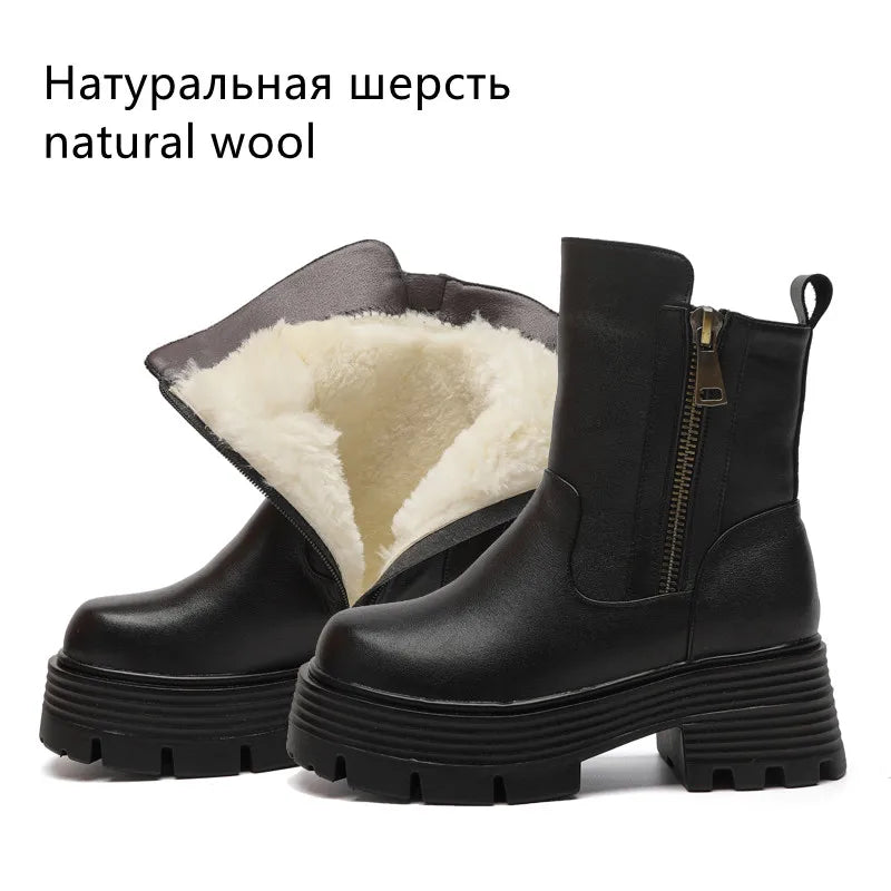 AIYUQI Stiefeletten mit Plateau und dickprofilierter Sohle, Reißverschluss, schwarzes Wollfutter