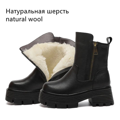 AIYUQI Stiefeletten mit Plateau und dickprofilierter Sohle, Reißverschluss, schwarzes Wollfutter