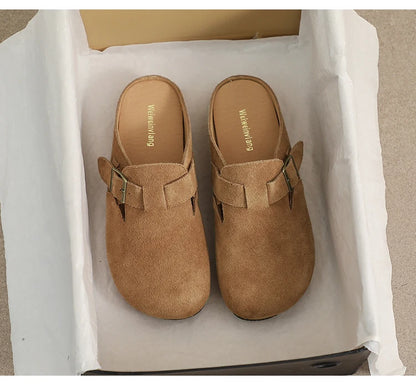 AIYUQI Hausschuhe Frauen Echt Leder 2025, Neue Große Größe 41 42 43 Frauen Sommer Schuhe Retro Oberbekleidung Flache Faule halbe Hausschuhe Frauen