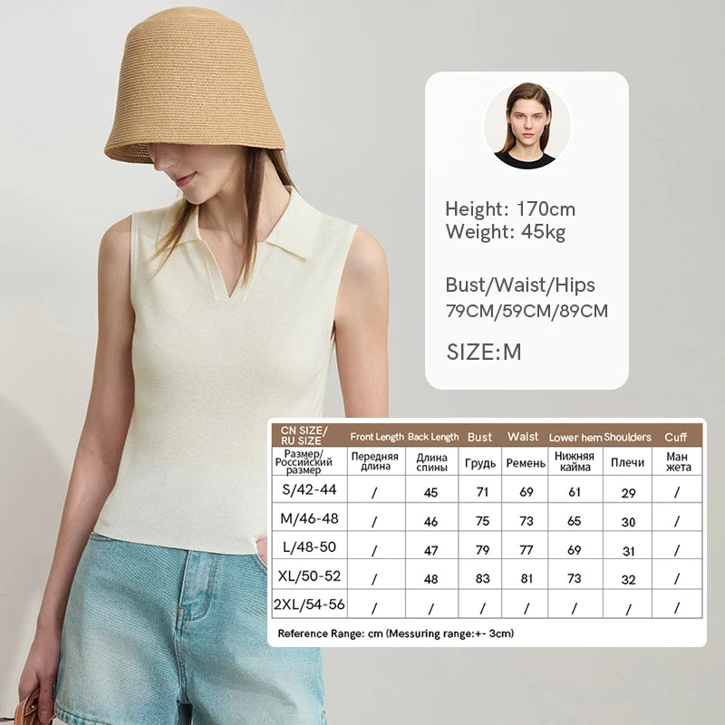 Ärmelloses Strickoberteil mit Umlegekragen und V-Ausschnitt, hellbeige