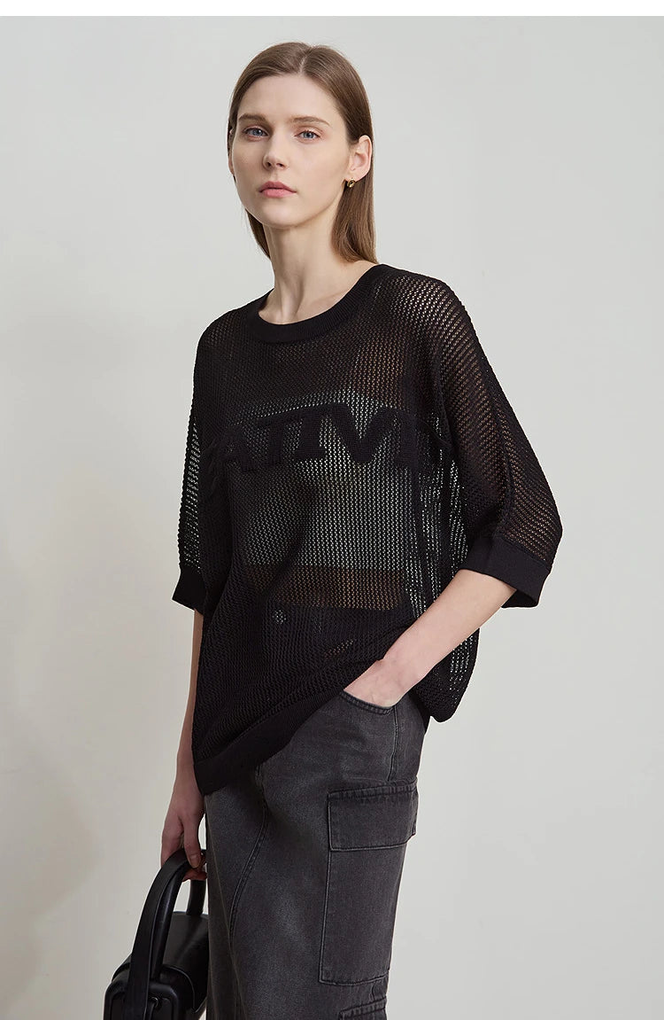Damen-Strickpullover mit Rundhalsausschnitt, kurzärmelig, dunkelschwarz, fein durchbrochen